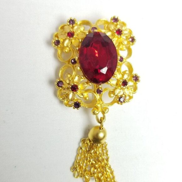 Vintage Red Rhinestone and Gold Tone Brooch, Tassel Lapel Pin, Estate - Picture 1 of 6